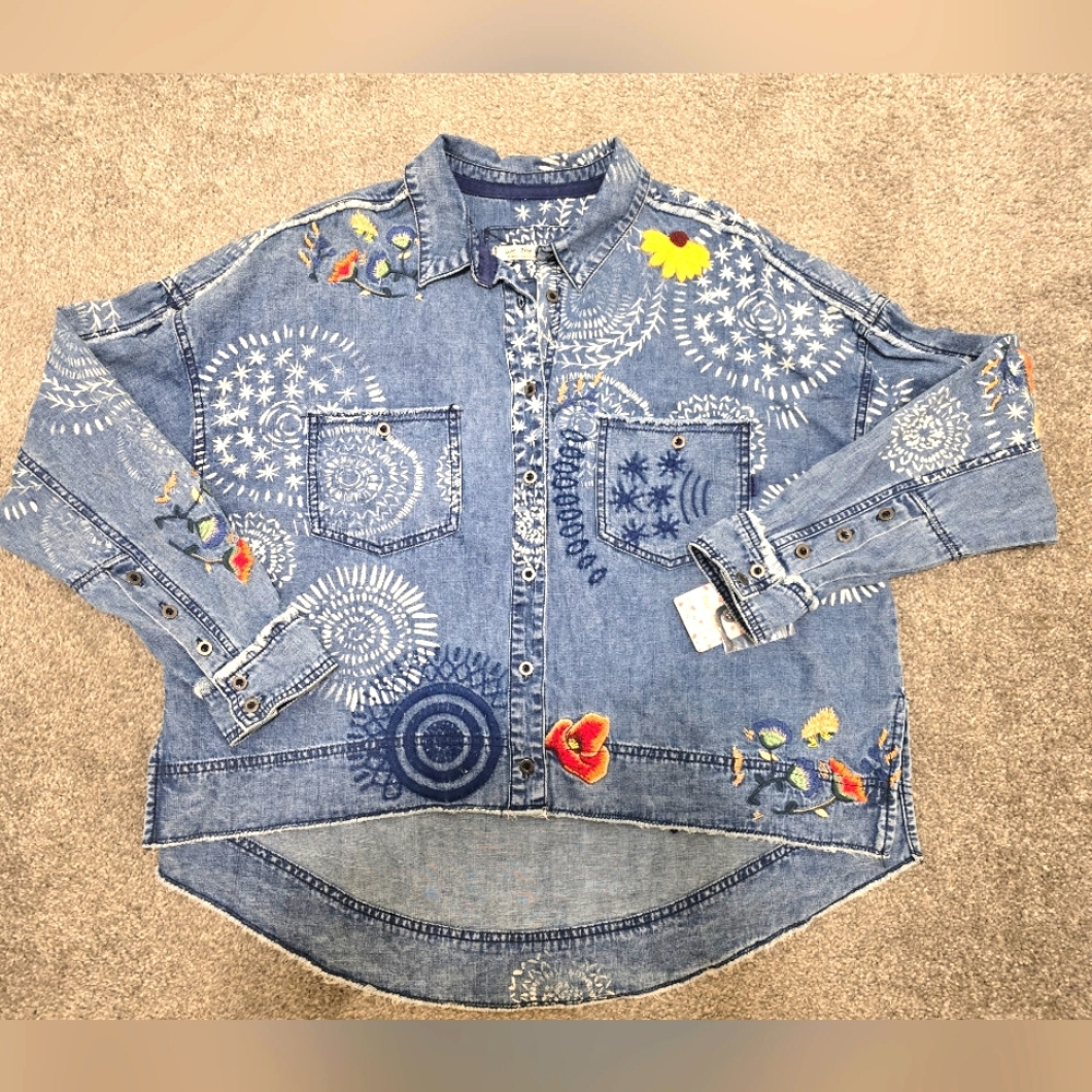 Marrakesh Free People Embroidered Denim Top Jacket NWT Boho Hippie Funky Boxy - Picture 5 of 14